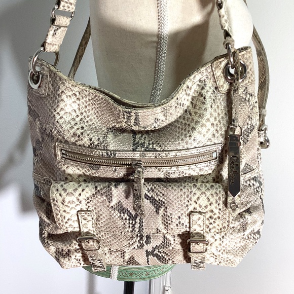 COLE HAAN SNAKESKIN PYTHON LEATHER SHOULDER CROSSBODY BAG MEDIUM GRAY BE… - Picture 1 of 16
